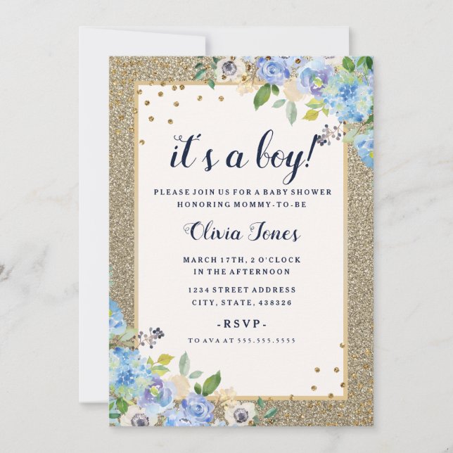 Invitation Fête bébé garçon Blue Gold floral Sparkle (Devant)