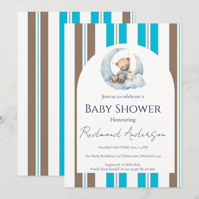 Invitation Fête bébé garçon carreaux bleus et marron Classiqu (Devant / Derrière)