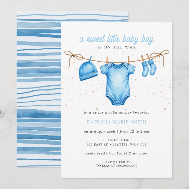 Invitation Fête bébé garçon corde à linge bleue (Devant / Derrière)