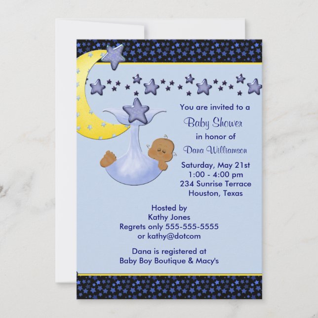 Invitation Fête bébé garçon ethnique Lune bleue Étoiles jaune (Devant)