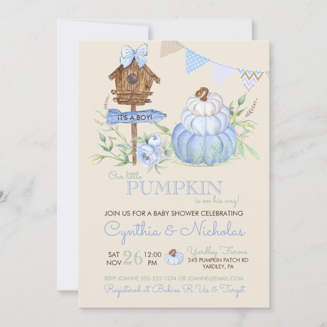 Invitation Fête bébé garçon Maison d'oiseau Patch de citrouil (Devant)