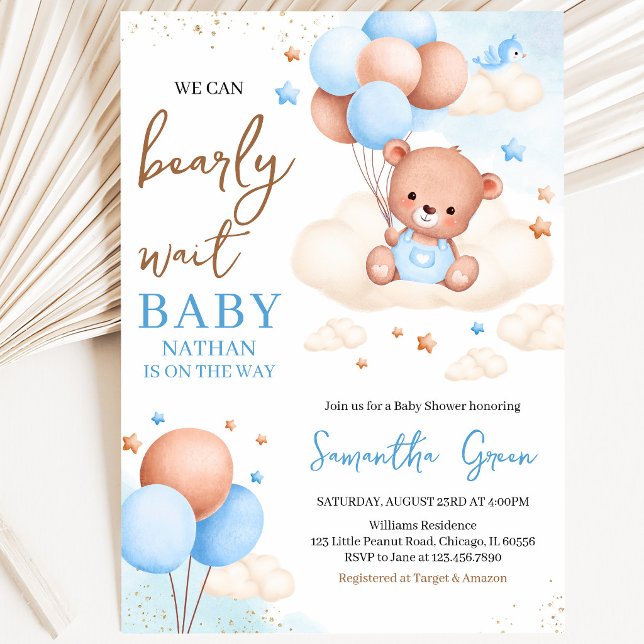 Invitation Fête Bébé Garçon Ourson Bohème Bleu (Créateur téléchargé)