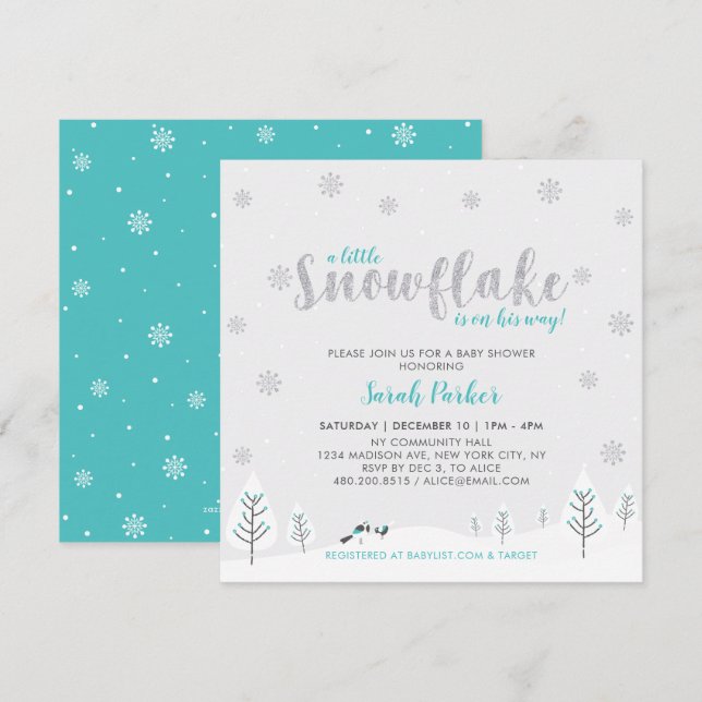 Invitation Fête bébé garçon Silver & Teal Winter Wonderland (Devant / Derrière)