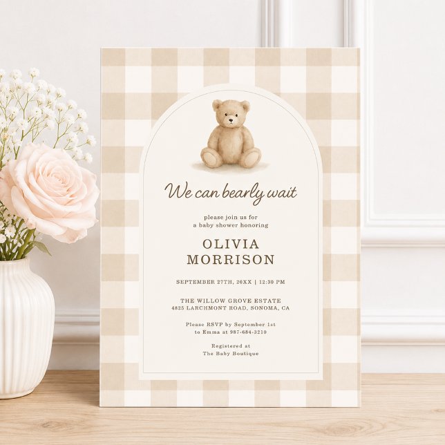 Invitation Fête Bébé Gingham Bearly Wait Mixte (Créateur téléchargé)