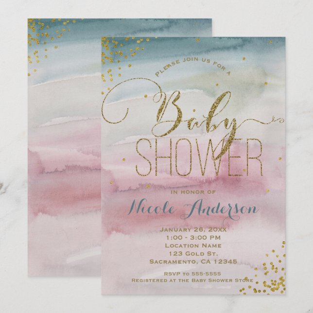 Invitation Fête bébé Glam aquarelle Confetti Or Moderne (Devant / Derrière)