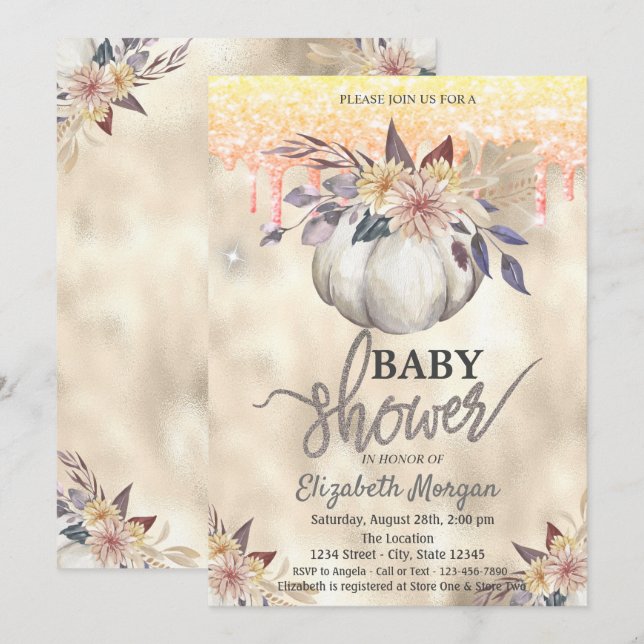 Invitation Fête bébé Glitter Drips Citrouille Aquarelle (Devant / Derrière)