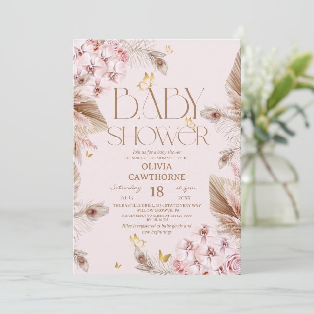 Invitation Fête bébé herbe des Pampas Boho  (Debout devant)
