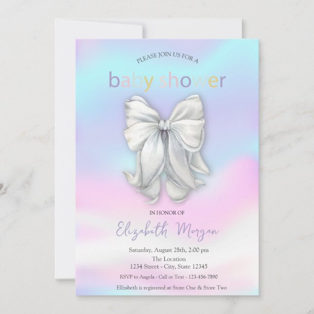 Invitation Fête bébé holographique à l'aquarelle avec un nœud (Devant)