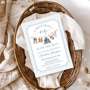 Invitation Fête Bébé Jean Bleu Rayures et Baignoire Bébé en D