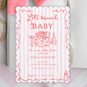 Invitation Fête bébé Let's Brunch Doodle Rose Rouge Fantaisis
