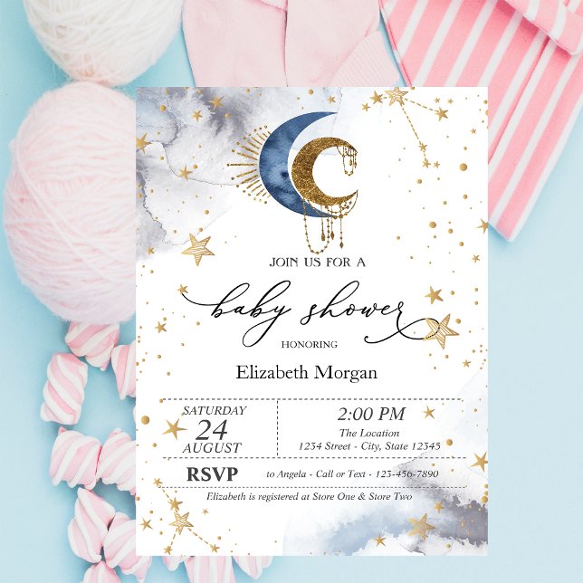 Invitation Fête bébé Lunes Célestes, Étoiles  (Créateur téléchargé)