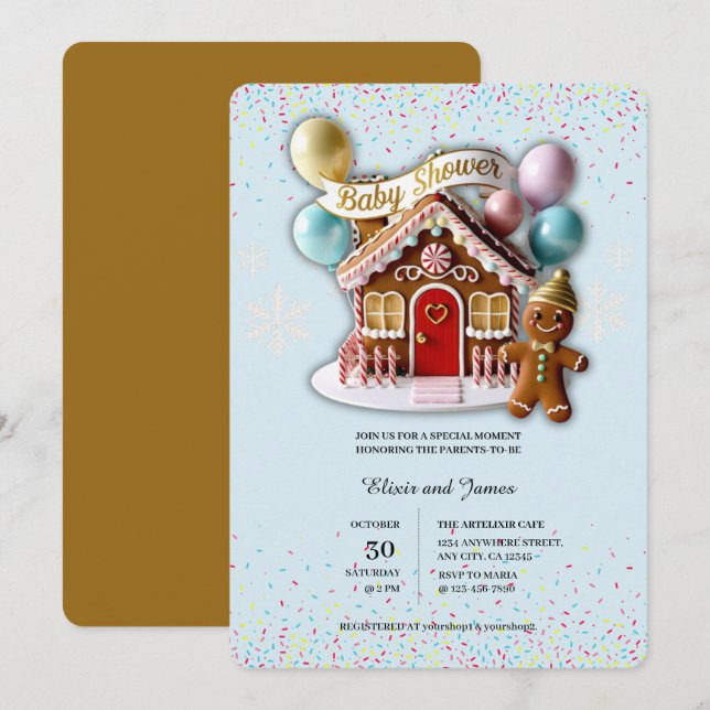 Invitation Fête bébé Maison en pain d'épices dorée (Devant / Derrière)