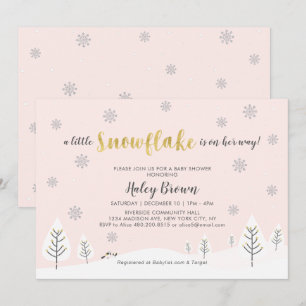 Invitation Fête bébé « Merveilleux hiver en or, argent et ros