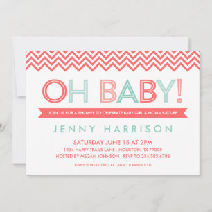 Invitation Fête bébé moderne corail et menthe à motif chevron