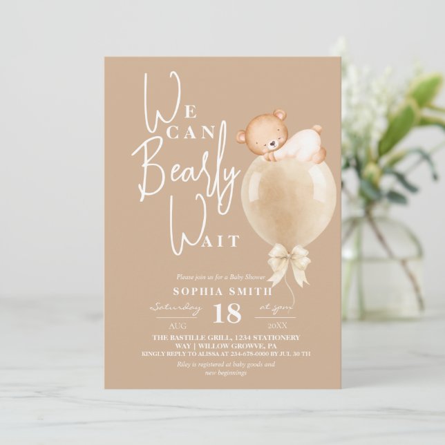 Invitation Fête bébé Moderne et Ourson en Ballon (Debout devant)