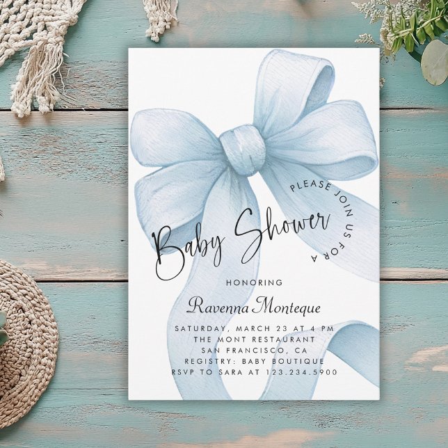 Invitation Fête bébé Moderne Ruban Bleu Pastel Coquette  (Créateur téléchargé)