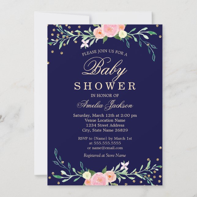 Invitation Fête bébé Navy Sweet Floral Sparkle Confetti (Devant)