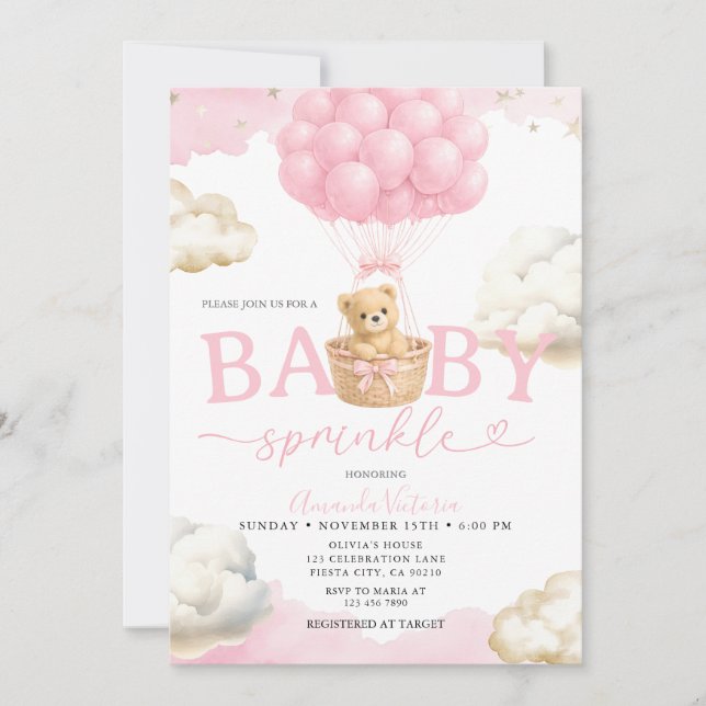 Invitation Fête bébé nuage ours neutre rose ballon (Devant)