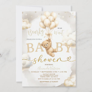 Invitation Fête bébé ours beige neutre boho Ballon