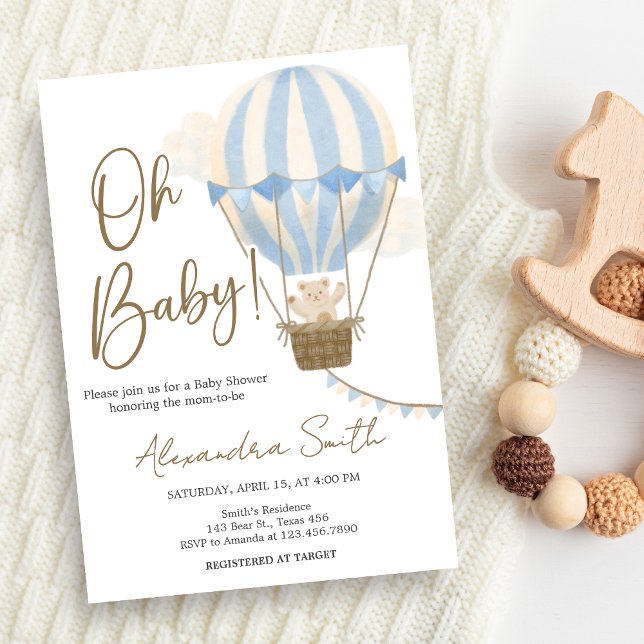 Invitation Fête bébé ours bleu bohème  (Oh Baby Bear Baby Shower Invitation)