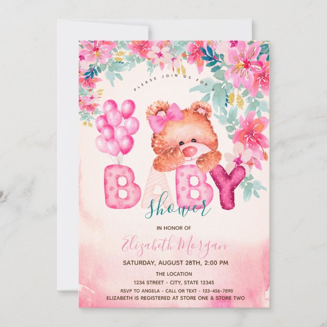 Invitation Fête bébé ours en peluche floral   (Devant)