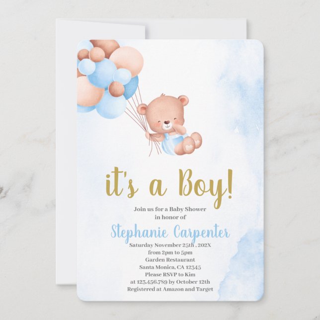Invitation Fête bébé ours en peluche garçon (Devant)
