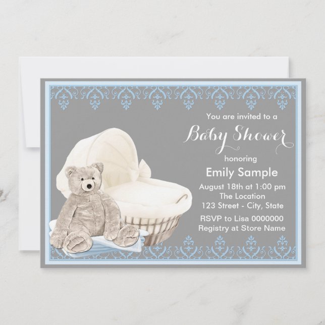Invitation Fête bébé ours en peluche gris et bleu (Devant)