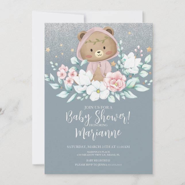 Invitation Fête bébé ours floral pailleté rose (Devant)