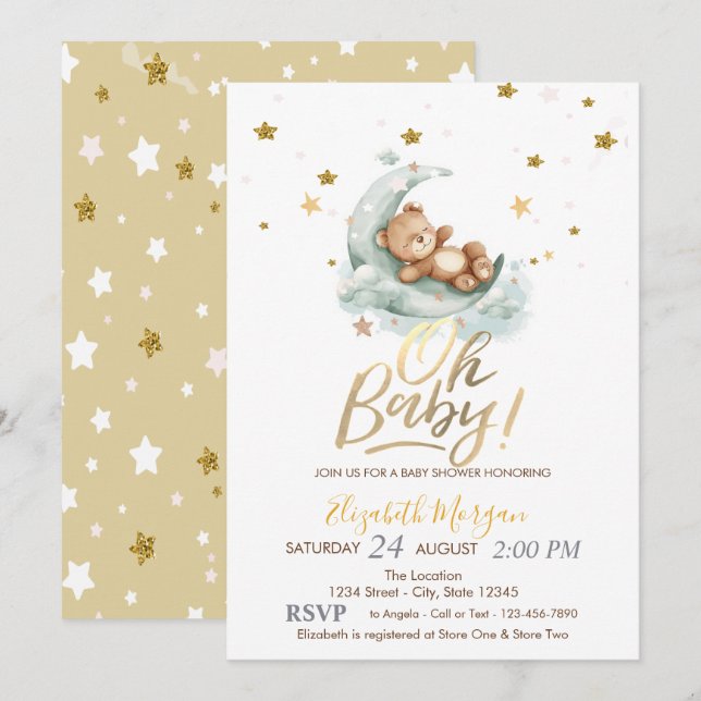 Invitation Fête bébé Ourson Lune Étoiles (Devant / Derrière)