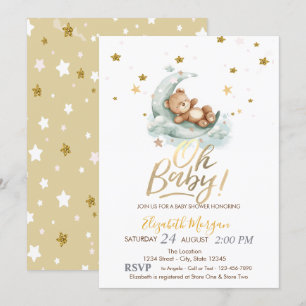 Invitation Fête bébé Ourson Lune Étoiles