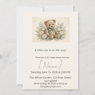 Invitation Fête bébé Ourson Sage, Modifiable