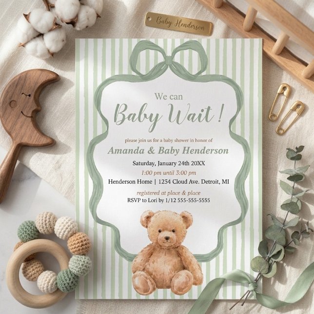 Invitation Fête bébé ourson vert sauge neutre  (Créateur téléchargé)
