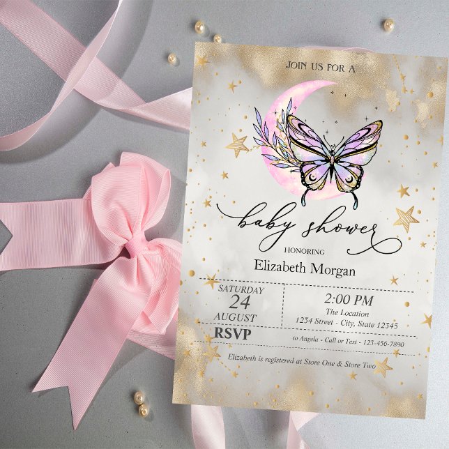 Invitation Fête bébé Papillon Lune Céleste Étoiles  (Créateur téléchargé)