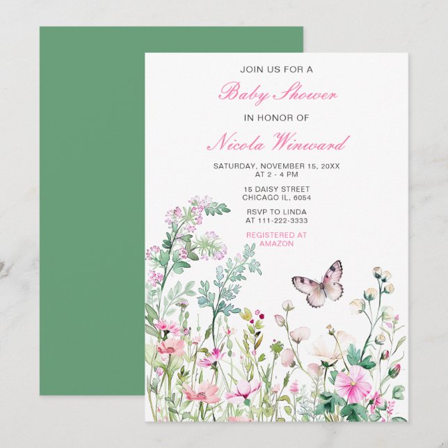 Invitation Fête bébé papillon vert de printemps Floral (Devant / Derrière)