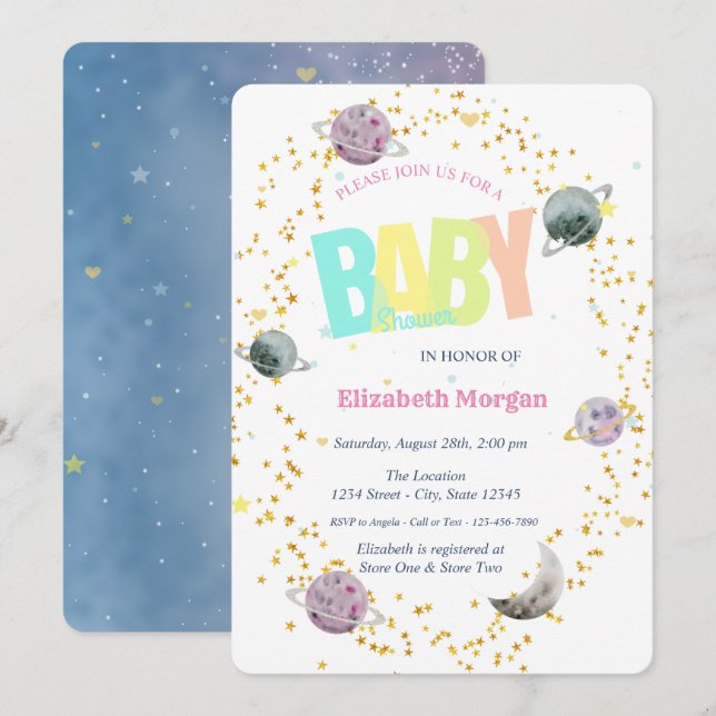 Invitation Fête bébé Planètes, Étoiles Galaxie  (Devant / Derrière)