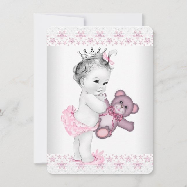 Invitation Fête bébé Princesse Ourson en Peluche Rose (Devant)