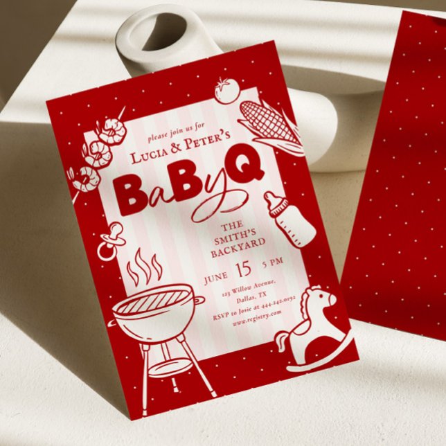 Invitation Fête Bébé-Q à pois roses et rouges pour couples Ba (Créateur téléchargé)