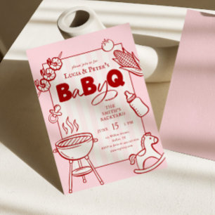 Invitation Fête Bébé-Q à pois roses et rouges pour couples Ba