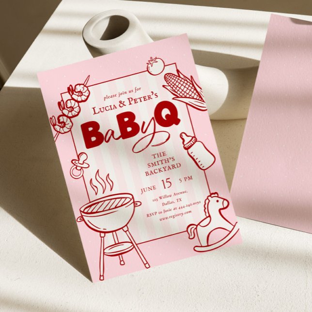Invitation Fête Bébé-Q à pois roses et rouges pour couples Ba (Créateur téléchargé)