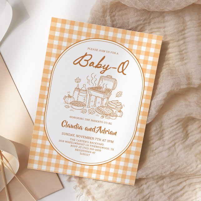 Invitation Fête bébé Q BBQ Baby Shower Gingham orange (Créateur téléchargé)