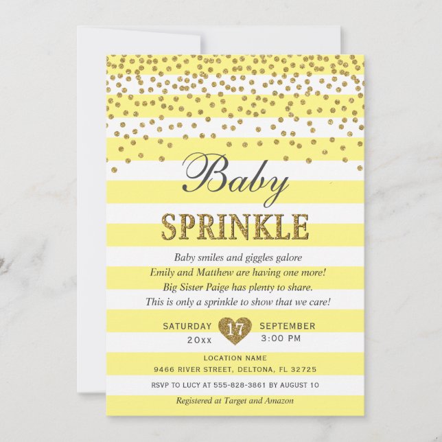 Invitation Fête bébé rayure abeille or jaune clair Neutre (Devant)