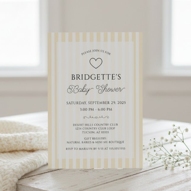 Invitation Fête bébé rayures jaunes et blanches Prépa (elegant chic butter yellow and white stripes preppy baby shower invitations)