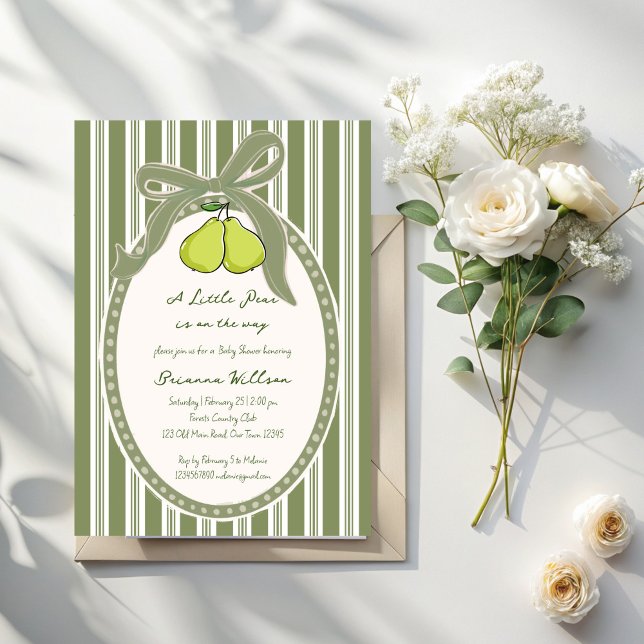 Invitation Fête bébé rayures rétro vert sauge poire (Pear vintage sage green retro stripes preppy baby shower invitation cards template)