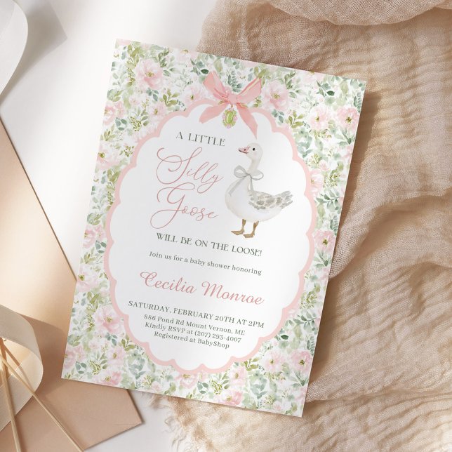 Invitation Fête bébé rétro Silly Goose Fleurs roses  (Créateur téléchargé)