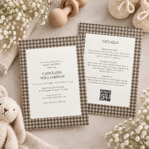 Invitation Fête bébé rétro une pièce à carreaux marron taupe