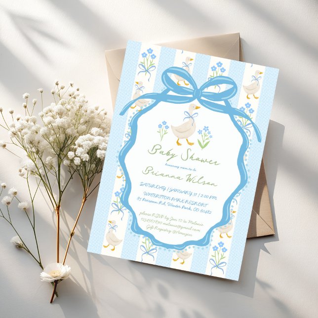 Invitation Fête bébé rimes de la nurserie d'oie (Silly Goose nursery rhymes pastel blue ribbon preppy baby shower invitation cards template)