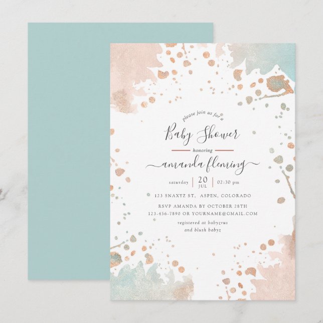 Invitation Fête bébé Rose Gold et Blush Pink avec éclaboussur (Devant / Derrière)