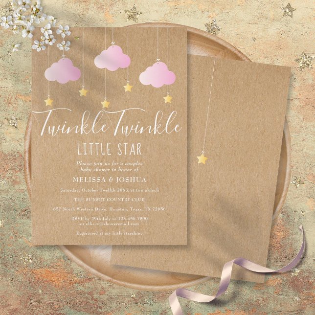 Invitation Fête bébé scintillante rose Kraft rustique (Pink Twinkle Twinkle Baby Shower Rustic Kraft Invitation)