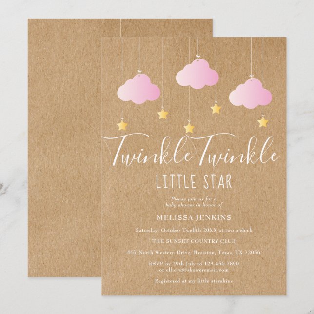 Invitation Fête bébé scintillante rose Kraft rustique (Devant / Derrière)