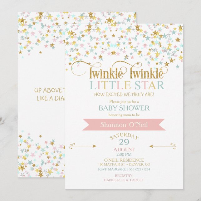 Invitation Fête bébé scintillement petite étoile de toutes le (Devant / Derrière)